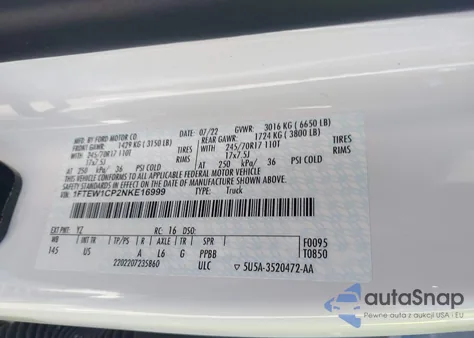 2022 Ford F150 Supercrew из США, поврежденный, VIN 1FTEW1CP2NKE16999